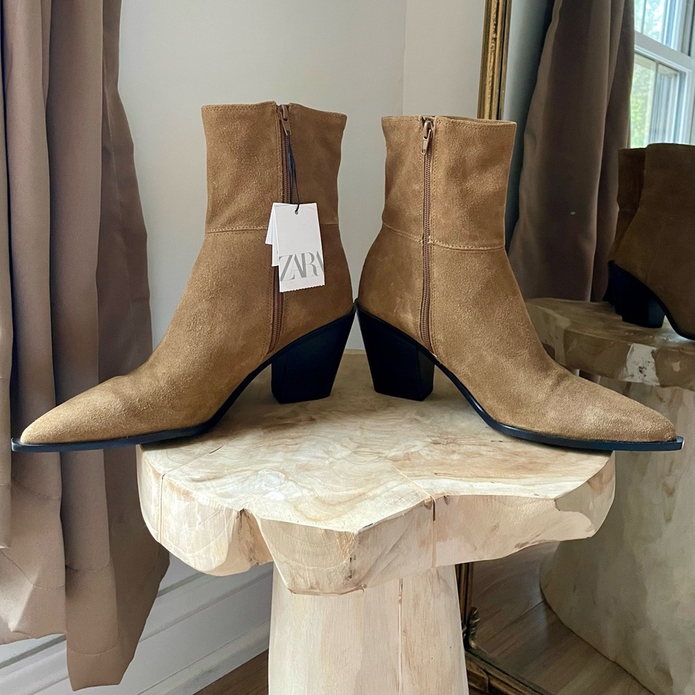 NWT Zara Suede Leather Stacked Heel Pointed Toe Western Boots in Camel Tan - 10 - Picture 5 of 8